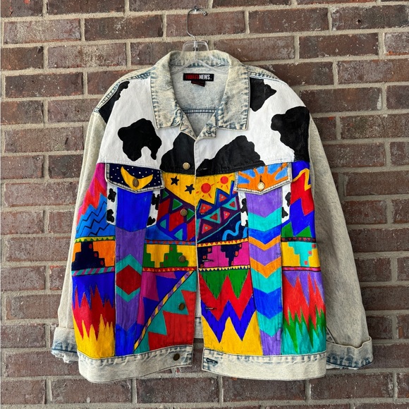 Vintage Hand Painted Y2K Todays News Denim Jacket Size XL - Picture 3 of 7